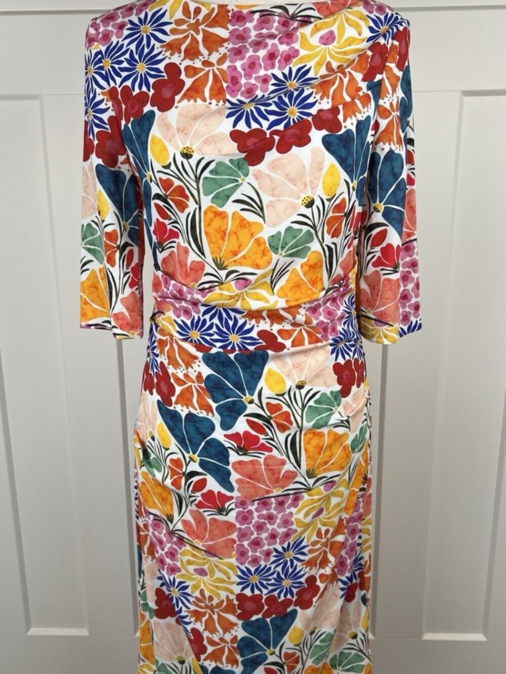 Talbot Runhof Floral Sheath Dress 8 Germany Ruched Waist 3/4 Sleeve Colorful